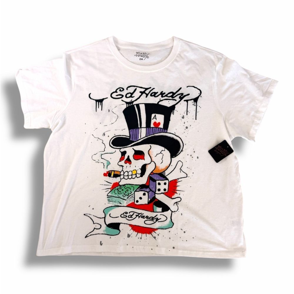 NWT Ed Hardy Christian Audigier Skull Tee Shirt White Crew Neck Y2K Mens Size 2X